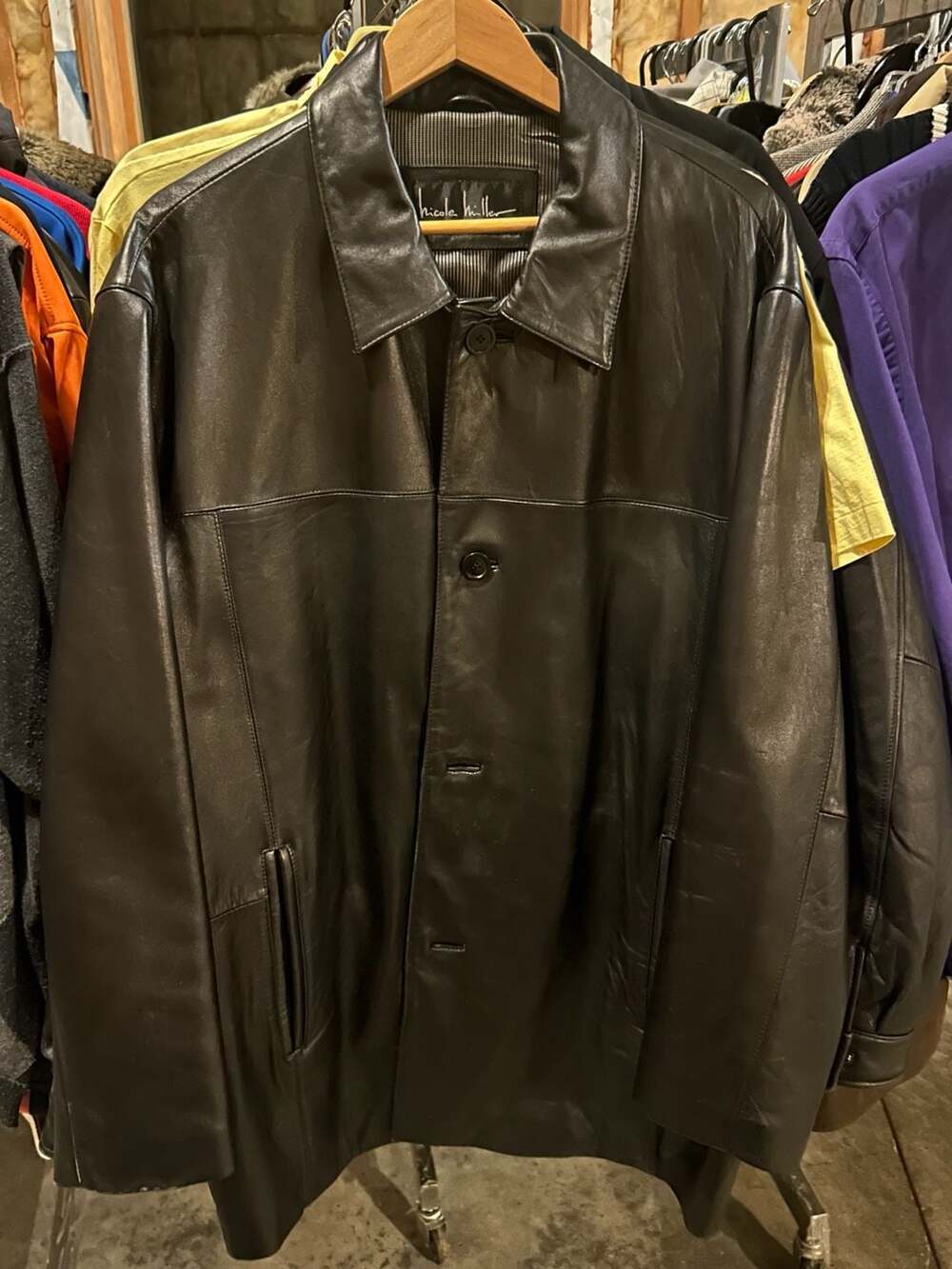 Nicole Miller New York City Men's XL Black Leather Button-Down Jacket